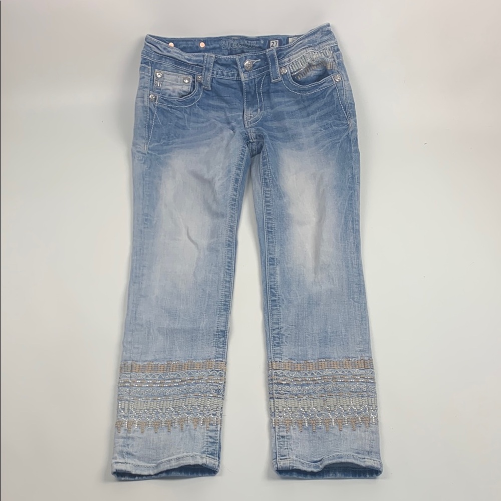 Miss Me Signature Cuff Skinny Embroidered light Blue Ankle Cropped Jeans Size 27